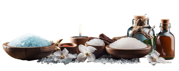 Set for spa beauty treatment in wooden  isolated on transparent background.