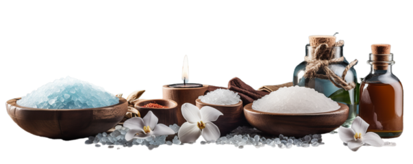 Set for spa beauty treatment in wooden  isolated on transparent background.