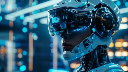 Futuristic AI Robot With High-Tech Visor in a Neon-Lit Environment - obrazy, fototapety, plakaty