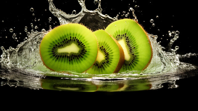 A high-definition image of a sliced kiwi splashing into water, with the kiwi's unique texture and the water's clarity in perfect focus.