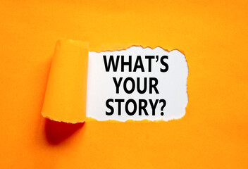 Storytelling and what is your story symbol. Concept words What is your story on beautiful white paper. Beautiful orange paper background. Business storytelling what is your story concept. Copy space. - obrazy, fototapety, plakaty