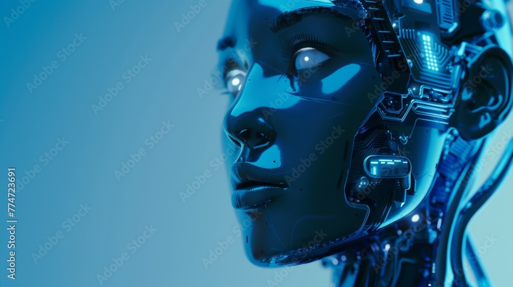 Poster close-up view of a humanoid robots head against blue background