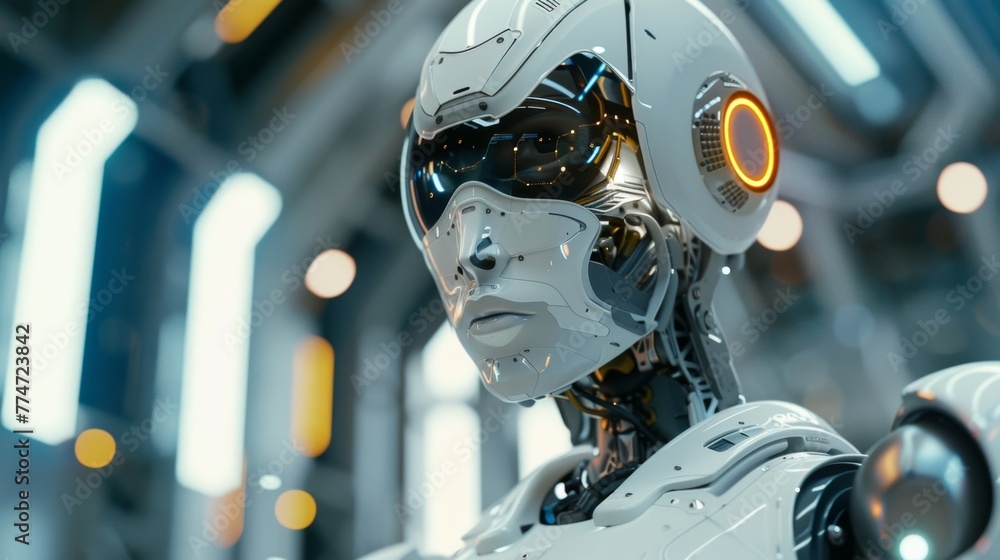 Poster robot standing in large room