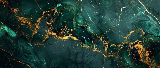 An abstract black marble background with green malachite veins, kintsugi technique, fake painted artificial stone texture, marbled surface, digital marbling illustration.