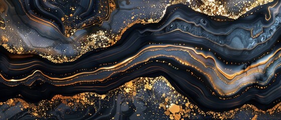 This is a digital marbling illustration of an abstract black agate background with golden veins, a fake painted artificial stone background, a marble texture, a luxurious marbled surface, and a - obrazy, fototapety, plakaty