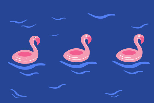 Vector flat illustration, summer pool with flamingos, pink flamingo in water. Cartoon vector illustration