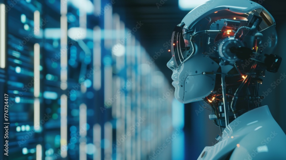 Aufkleber Robot Standing in Front of Row of Servers