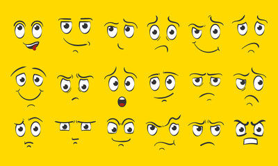 Collection memes.Set of emoticon hand drawn pattern.Different eyes, mouth, eyebrows.Doodle face, smile, happy, sad,shock, bored, sick, vomit,scream, joy, cry.Manga cartoon style. Vector illustration.