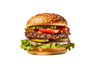 A big hamburger with meat, cheese and vegetables. Isollated on the transparent background.