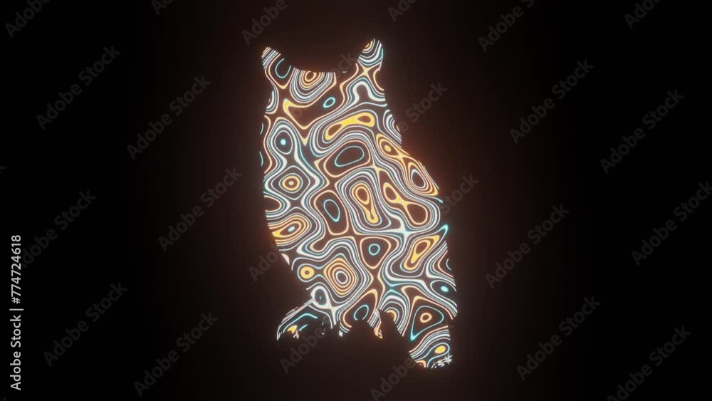 Fototapete 4k video animation of beautiful texture or pattern formation on the owl body shape, isolated on a bl