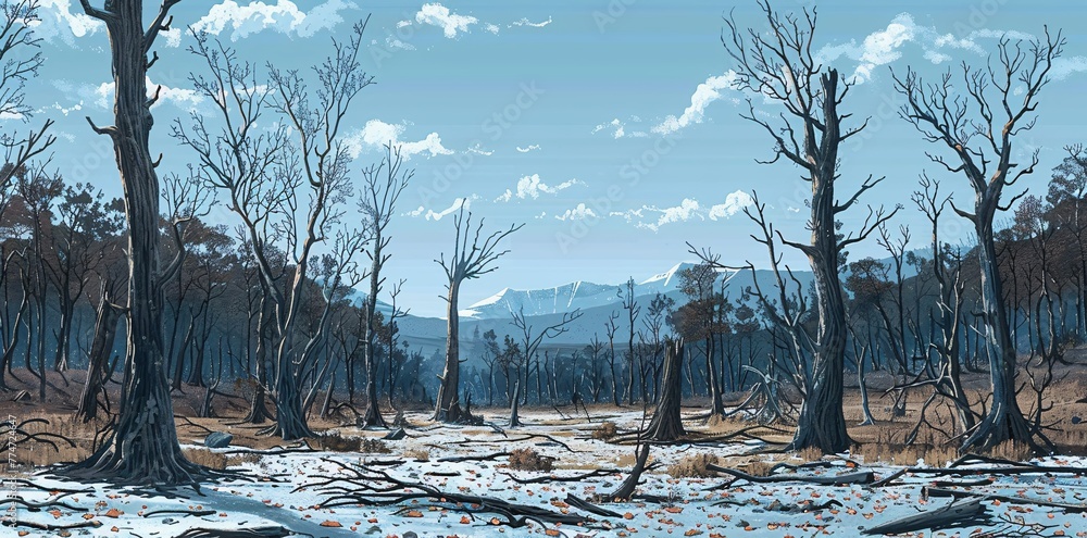 Poster winter's embrace a snowy scene with bare trees and a mountain in the background generative ai