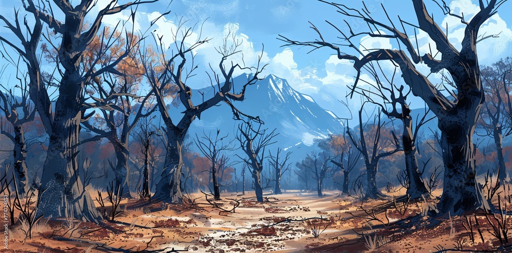 Poster autumn's embrace a tree-lined pathway in the mountains generative ai