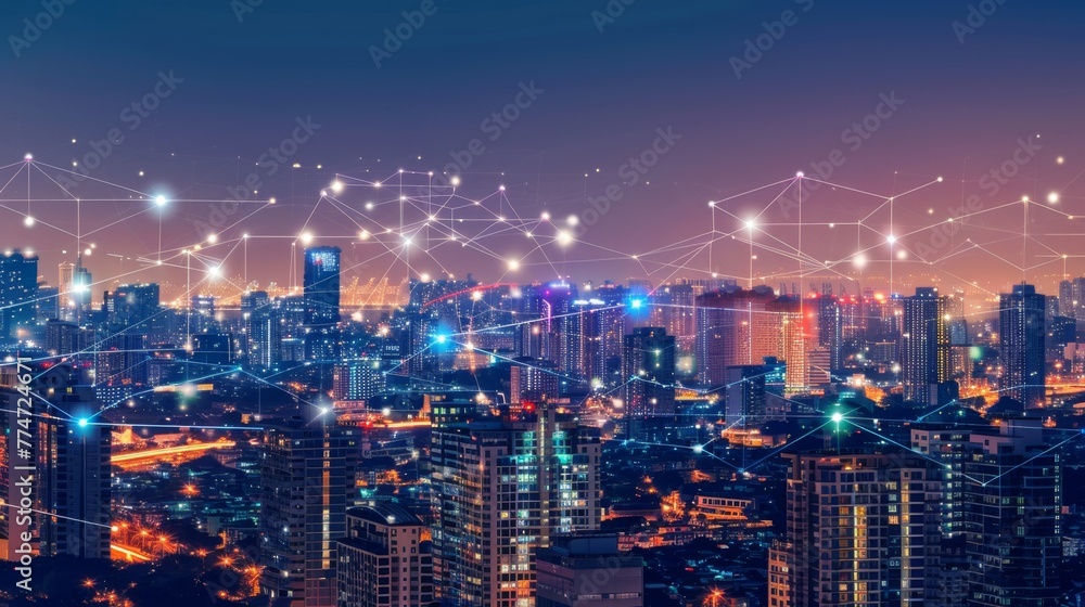 Poster modern cityscape with interconnected lines and dots