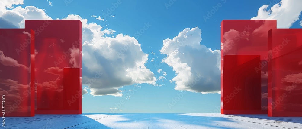 Poster a 3d rendering of an abstract fantasy cloudscape with white clouds flying under red gates on a blue 