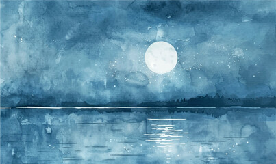 watercolor background illustration moon over the lake