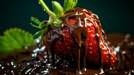 A high-resolution HDR image of a chocolate-covered strawberry, with chocolate dripping, against a solid emerald green background, focusing on the glossy chocolate layer.