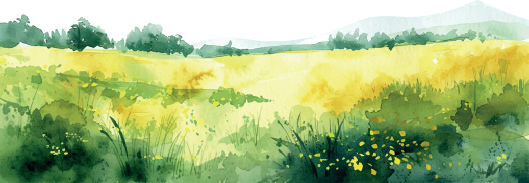 watercolor background frame border green field and sun