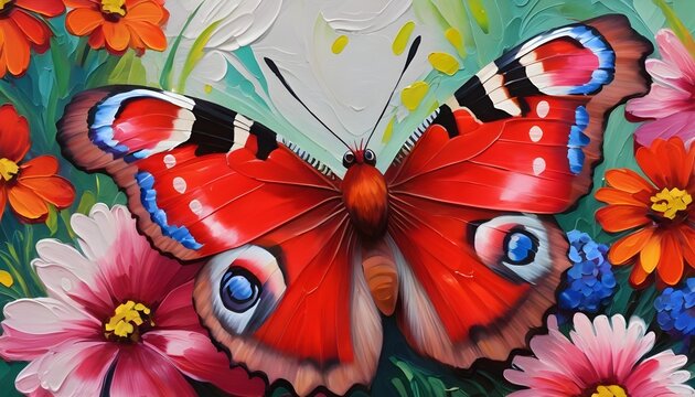 bright red peacock butterfly on beautiful flowers painted with oil paints. bright summer background