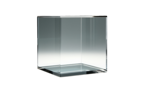 A glass box stands against a white backdrop, creating a sense of ethereal containment