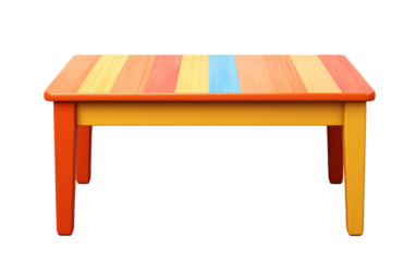 A small wooden table with a vibrant and playful stripe design in various colors
