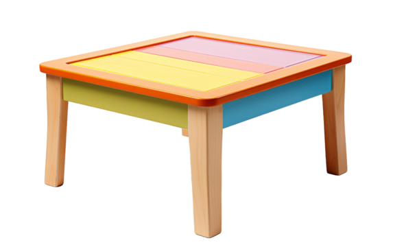 Small wooden table with a vibrant, colorful top in rainbow hues
