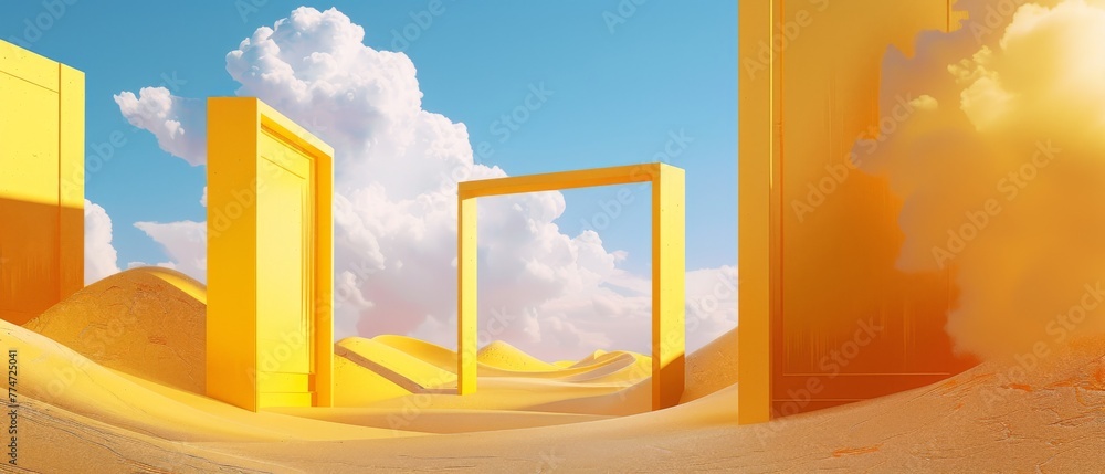 Poster this is a 3d rendering of a surreal desert landscape with white clouds passing through yellow square