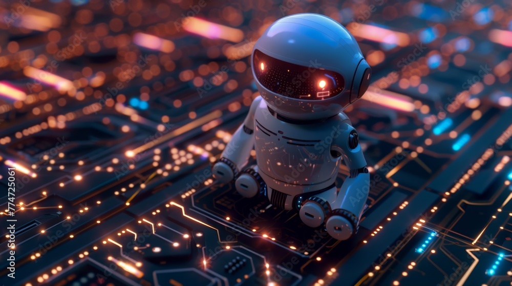 Poster Robot Perched on Top of Computer Chip