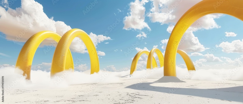 Aufkleber a modern minimal abstract background with yellow arches in a sky of white clouds. 3d render.