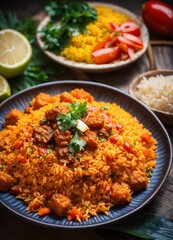 A rice and vegetable bowl with ketchup, placed on a wooden cutting board