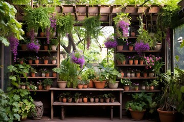 Fototapeta na wymiar Hanging Planters and Vertical Gardening: Secret Garden Patio Inspirations