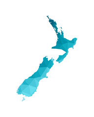 Vector illustration with simplified blue silhouette of New Zealand map. Polygonal triangular style. White background.