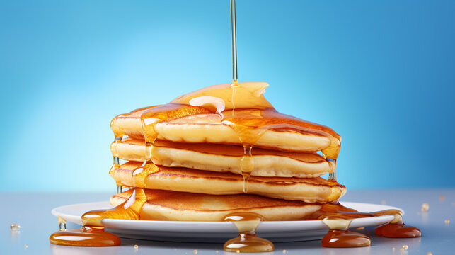 A high-resolution HDR image of a stack of fluffy pancakes, dripping with maple syrup and a pat of butter, against a solid light blue background to accentuate the golden hue.
