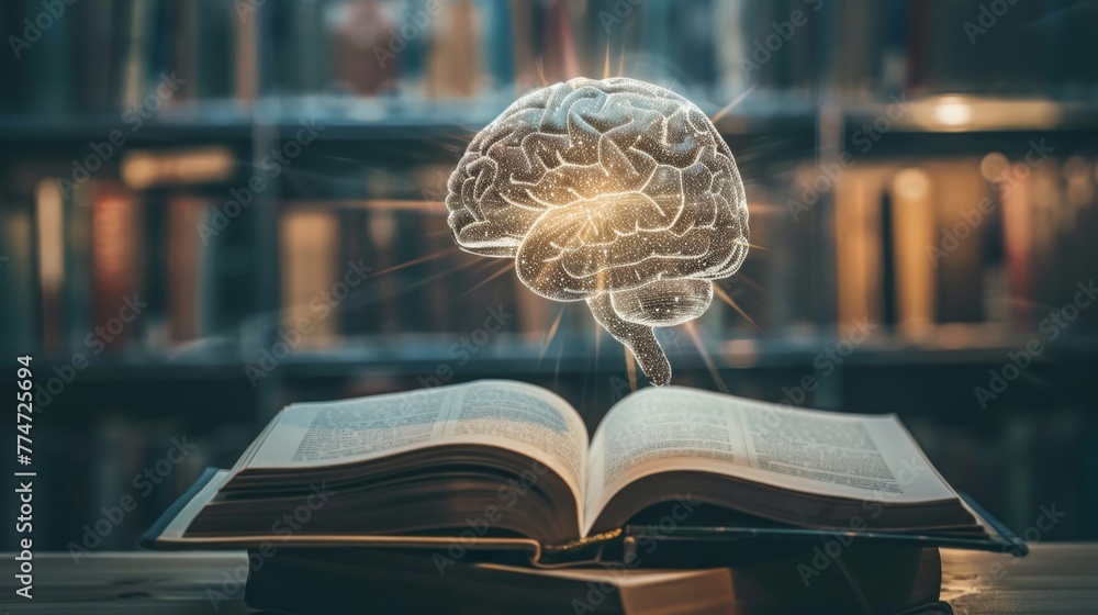 Poster Glowing Brain Illustration Hovering Over Open Book in Library