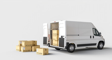 Delivery van with cardboard boxes on white background