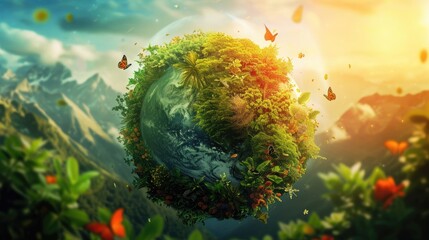 Ecology concept. Green planet with butterflies and flowers.