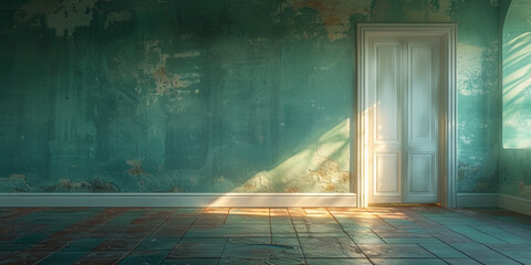 In a vintage room, an door bathes the interior in bright light, symbolizing hope