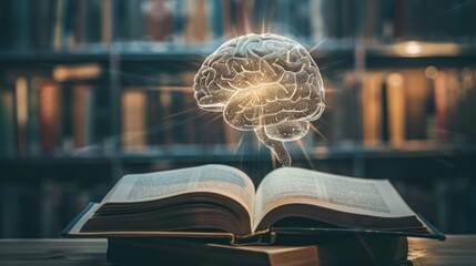 Glowing Brain Illustration Hovering Over Open Book in Library - obrazy, fototapety, plakaty