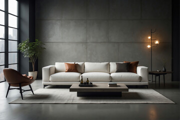 Modernes und minimalistisches Loft-Wohnzimmer mit elegantem Sofa und Betonwänden