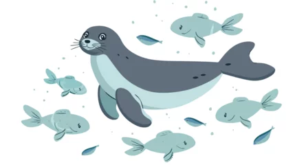 Cercles muraux Baleine Cartoon seal swimming with fish Flat vector 