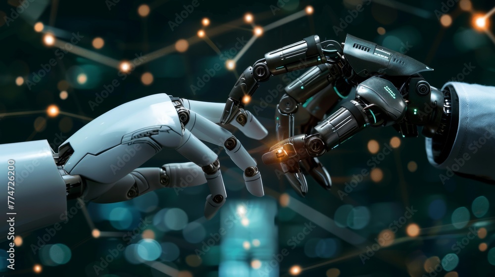 Aufkleber humanoid hand connecting with another robotic hand against digital background