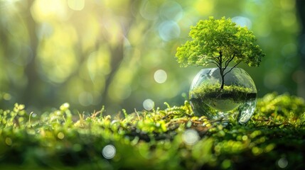 Glass globe with green tree growing on moss in forest. Environment conservation concept.