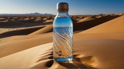 A closed bottle of crystal-clear water in the heart of the desert against the backdrop of yellow-white dunes and blue sky.