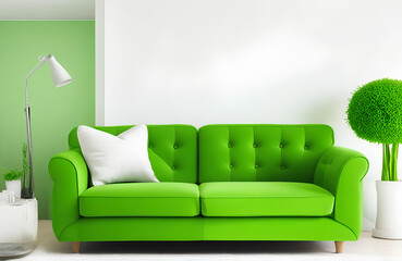 Green sofa with pillows in modern interior. 3d render.