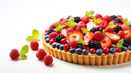 A high dynamic range image of a fresh fruit tart with glossy glaze, full of colorful berries, set against a solid white background, making the colors pop. - Powered by Adobe