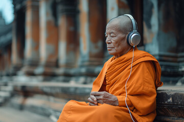 An elderly Buddhist monk in vibrant orange robes sits serenely outside a temple, eyes closed, listening intently to music through sleek, modern headphones, finding peace amidst the blend of ancient sp