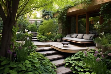 Koi Pond Garden Patio: Integrated Bench Seating & Tranquil Conversational Areas