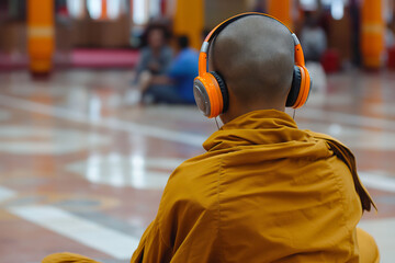 A Buddhist monk in traditional orange robes sits absorbed in music, wearing modern orange headphones, contrasting ancient tradition with contemporary life against a temple's vibrant tiled floor