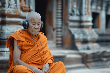 A contemplative Buddhist monk dons oversized headphones, his serene expression suggesting deep immersion in music, contrasting ancient monastic life with the modern world's rhythms