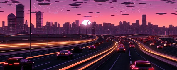 Against the backdrop of the evening sky, a procession of cars fills the busy highway, the flow of traffic stretching out into the distance as commuters navigate their way home. - obrazy, fototapety, plakaty