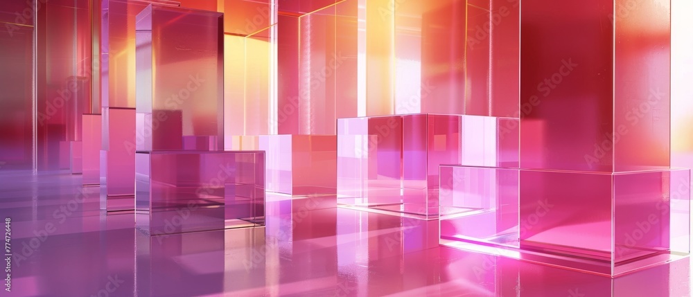 Poster a 3d render with an abstract geometric background, gradient gradient glass with pink red violet hues
